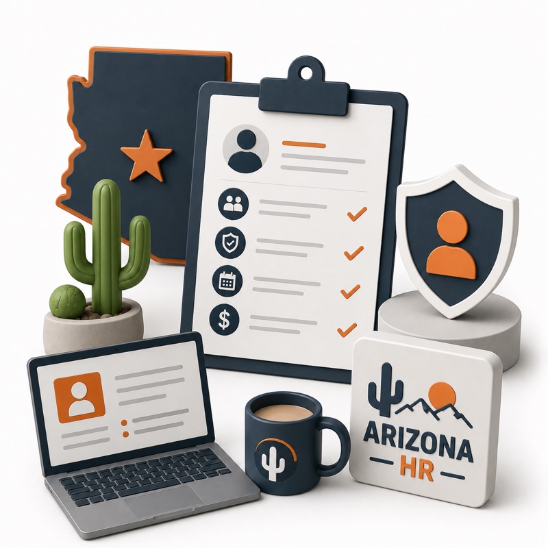 Arizona HR illustration with a state outline, cactus, laptop, employee checklist, and a shield with a protected employee icon