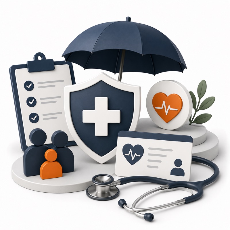 Health insurance illustration with a protective umbrella, medical shield, insurance card, stethoscope, and family coverage icons